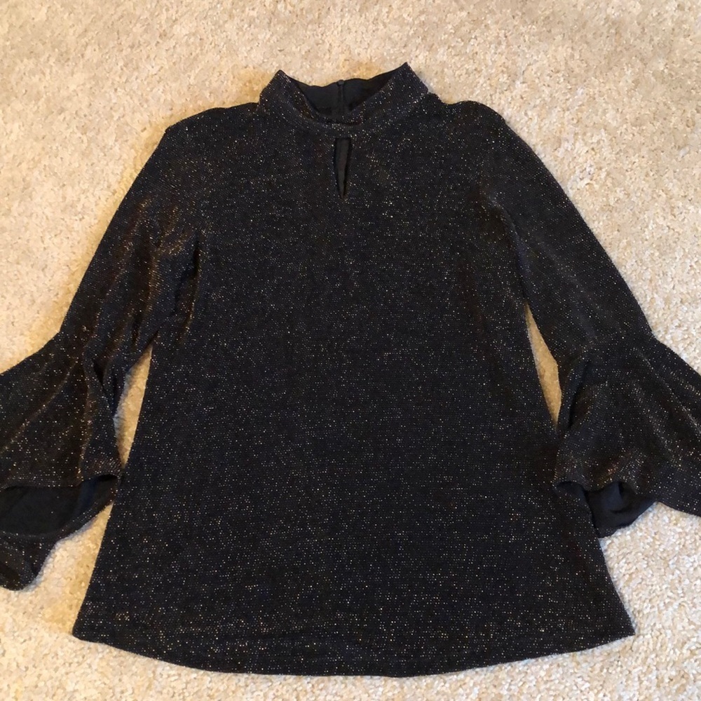 Peter Nygard Black gold shimmer bell top key hole blouse long sleeve small